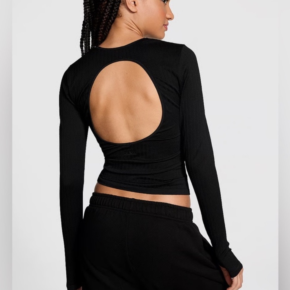 PINK Victoria's Secret Black Open-Back Seamless Top with Thumb Holes size small - Picture 1 of 5